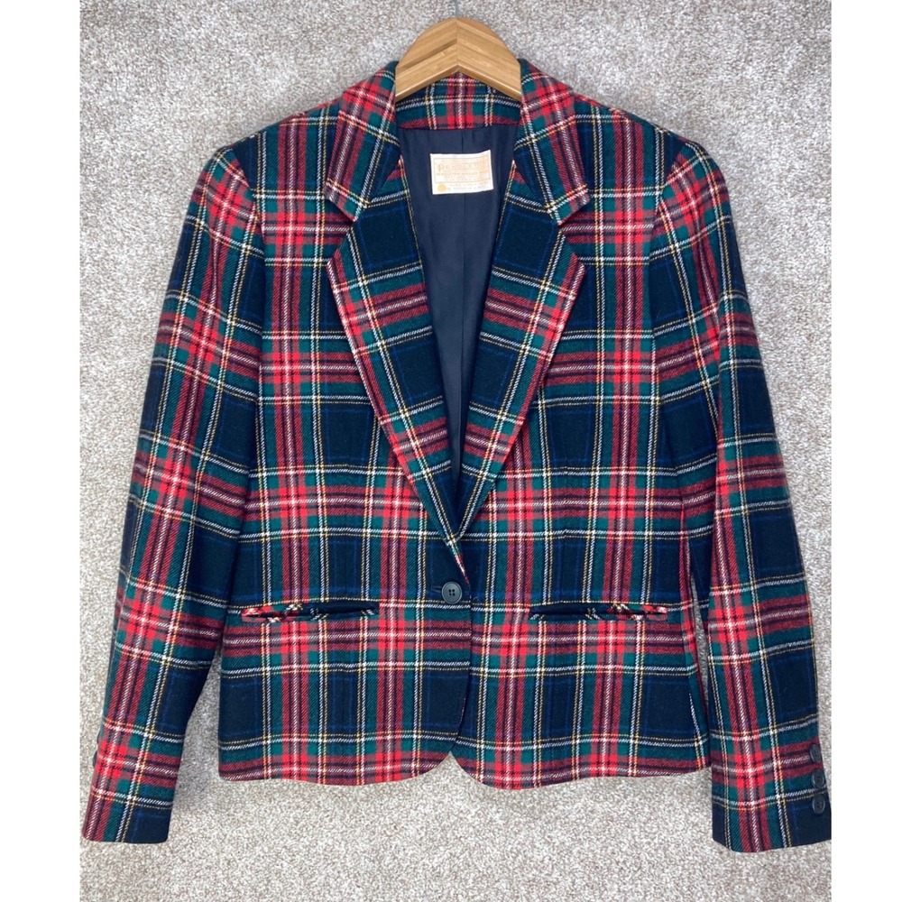 Pendleton Vintage Plaid Virgin Wool Blazer Women 6 Red Navy Blue Tartan Academia